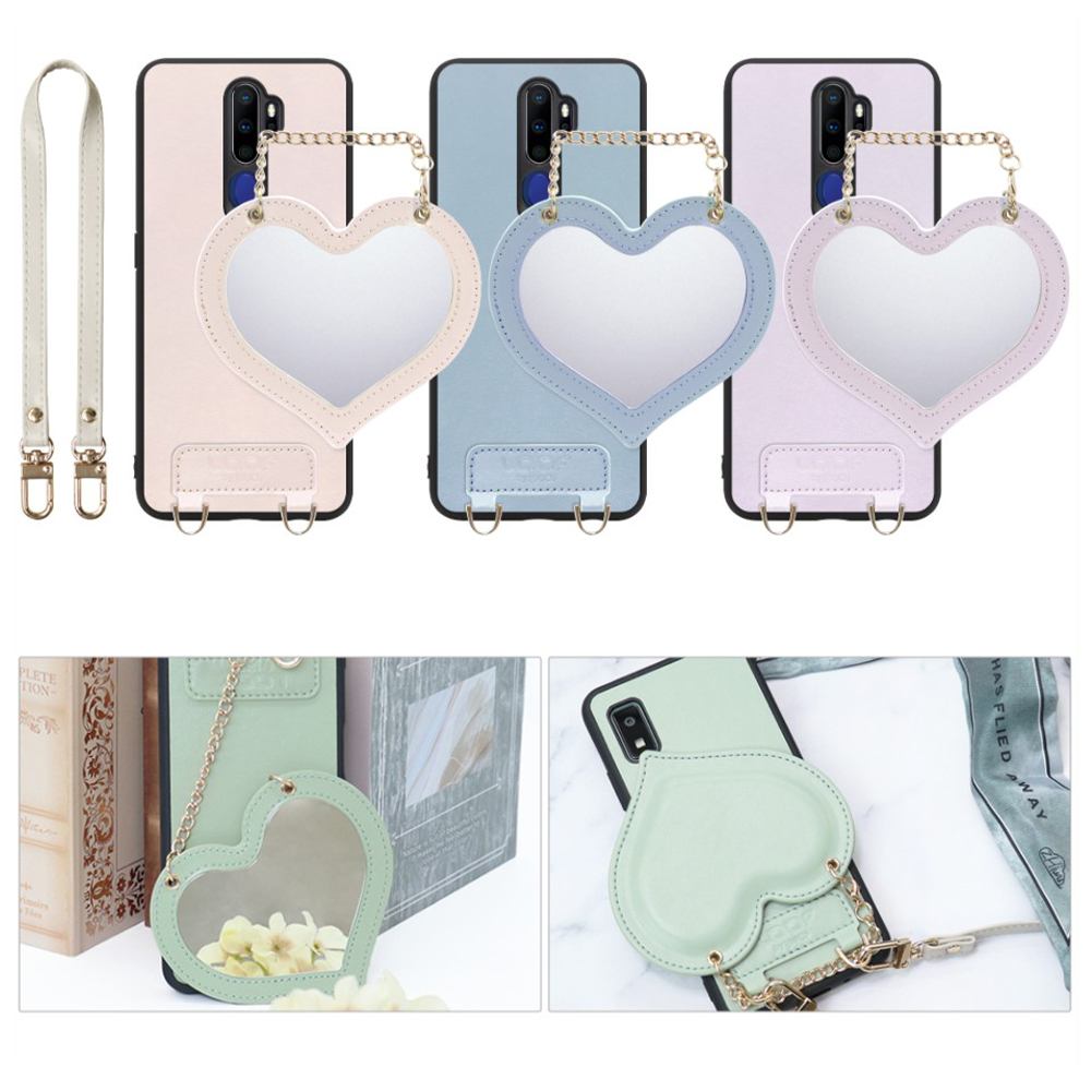 [ LOOF CHARM-SHELL Series ] OPPO A5 2020 a52020 oppoa5 スマホケース  ハートのミラーチャーム付き シンプル 背面カバー スマホケース ストラップ付 本革 [ OPPO A5 2020 ]