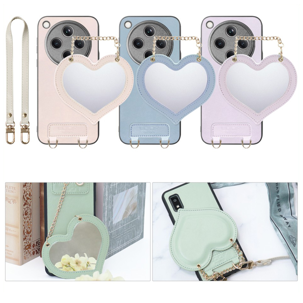 [ LOOF CHARM-SHELL Series ] OPPO Find X8 CPH2651 スマホケース  ハートのミラーチャーム付き シンプル 背面カバー スマホケース ストラップ付 本革 [ OPPO Find X8 ]