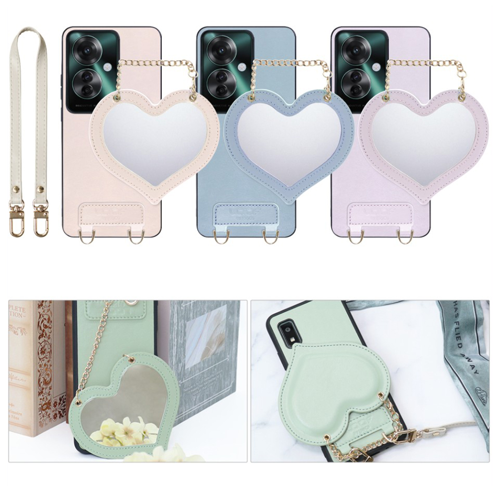 [ LOOF CHARM-SHELL Series ] OPPO Reno11 A  スマホケース  ハートのミラーチャーム付き シンプル 背面カバー スマホケース ストラップ付 本革 [ OPPO Reno11 A ]