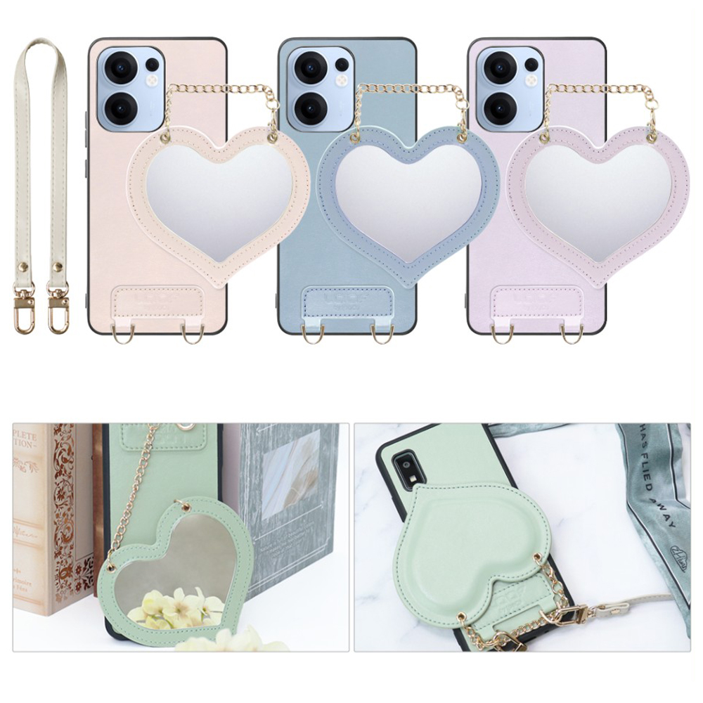 [ LOOF CHARM-SHELL Series ] OPPO Reno13 A  スマホケース  ハートのミラーチャーム付き シンプル 背面カバー スマホケース ストラップ付 本革 [ OPPO Reno13 A ]