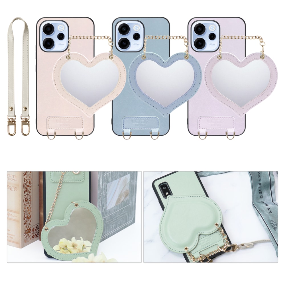 [ LOOF CHARM-SHELL ] OPPO Reno15 A CPH2801 A601OP スマホケース  ハートのミラーチャーム付き シンプル 背面カバー スマホケース ストラップ付 本革 [ OPPO Reno15 A ]