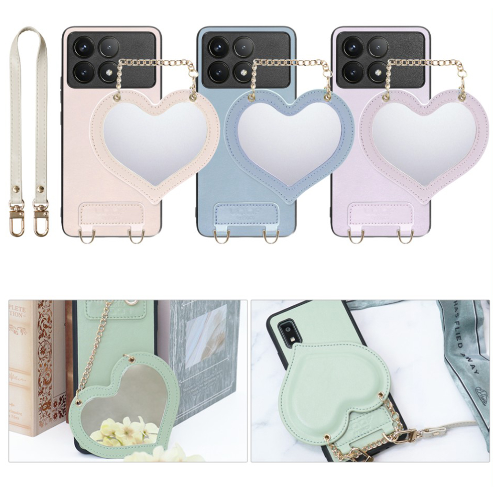 [ LOOF CHARM-SHELL Series ] POCO F6 Pro  スマホケース  ハートのミラーチャーム付き シンプル 背面カバー スマホケース ストラップ付 本革 [ POCO F6 Pro ]
