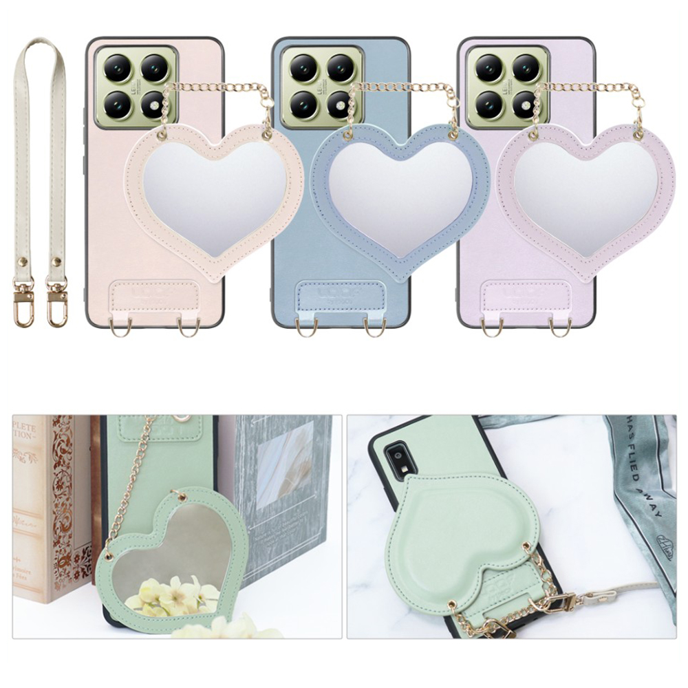 [ LOOF CHARM-SHELL Series ] Xiaomi 14T XIG06 スマホケース  ハートのミラーチャーム付き シンプル 背面カバー スマホケース ストラップ付 本革 [ Xiaomi 14T ]