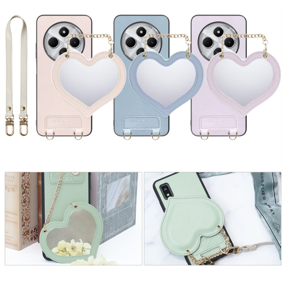 [ LOOF CHARM-SHELL Series ] Xiaomi Redmi 14C 14C Redmi14C スマホケース  ハートのミラーチャーム付き シンプル 背面カバー スマホケース ストラップ付 本革 [ Xiaomi Redmi 14C ]