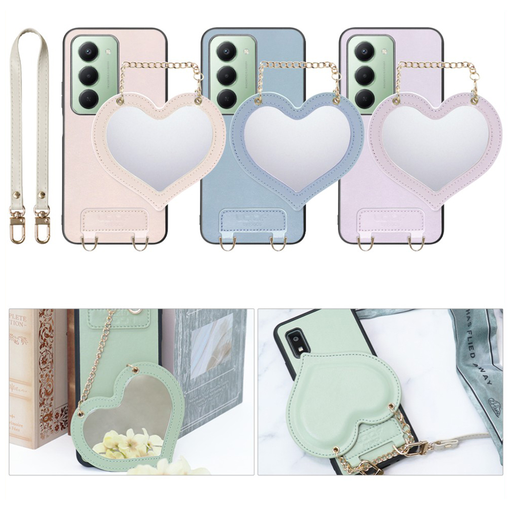 [ LOOF CHARM-SHELL Series ] Xiaomi REDMI 15 5G  スマホケース  ハートのミラーチャーム付き シンプル 背面カバー スマホケース ストラップ付 本革 [ Xiaomi REDMI 15 5G ]