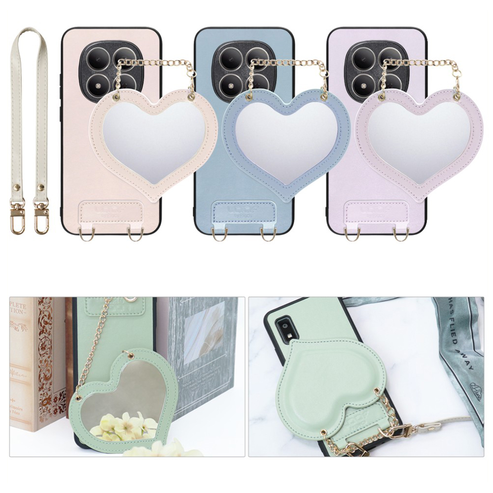 [ LOOF CHARM-SHELL ] REDMI Note 15 Pro 5G Xiaomi スマホケース  ハートのミラーチャーム付き シンプル 背面カバー スマホケース ストラップ付 本革 [ REDMI Note 15 Pro 5G ]