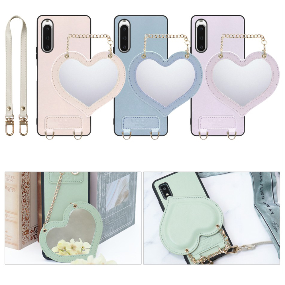 [ LOOF CHARM-SHELL Series ] Xperia 10 V SOG11 / SO-52D 10V xperia10V スマホケース  ハートのミラーチャーム付き シンプル 背面カバー スマホケース ストラップ付 本革 [ Xperia 10 V ]