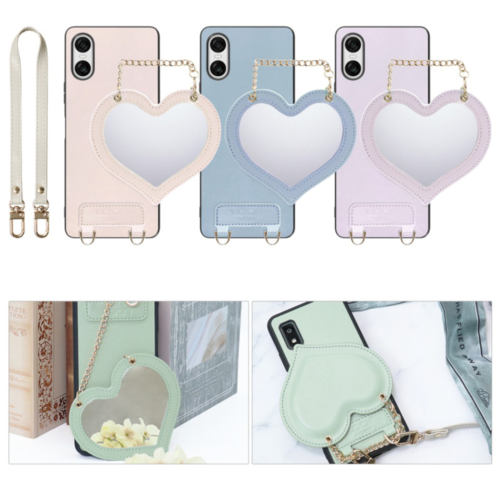 [ LOOF CHARM-SHELL Series ] Xperia 10 VI  スマホケース  ハートのミラーチャーム付き シンプル 背面カバー スマホケース ストラップ付 本革 [ Xperia 10 VI ]