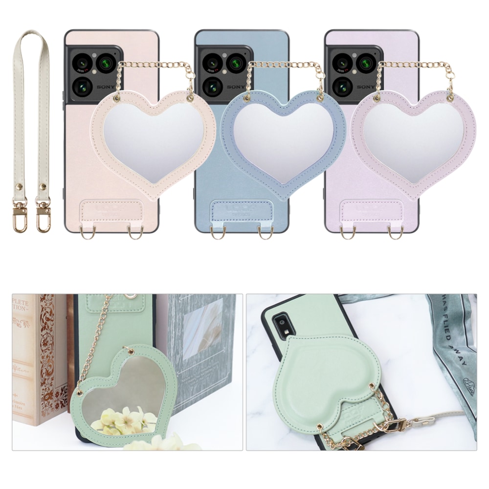 [ LOOF CHARM-SHELL ] Xperia 1 VIII XQ-GE44 SO-51G スマホケース  ハートのミラーチャーム付き シンプル 背面カバー スマホケース ストラップ付 本革 [ Xperia 1 VIII ]