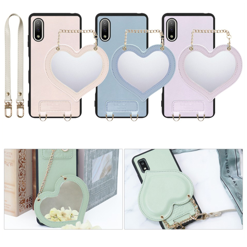 [ LOOF CHARM-SHELL Series ] Xperia Ace II SO-41B aceⅡ ace2 スマホケース  ハートのミラーチャーム付き シンプル 背面カバー スマホケース ストラップ付 本革 [ Xperia Ace Ⅱ ]