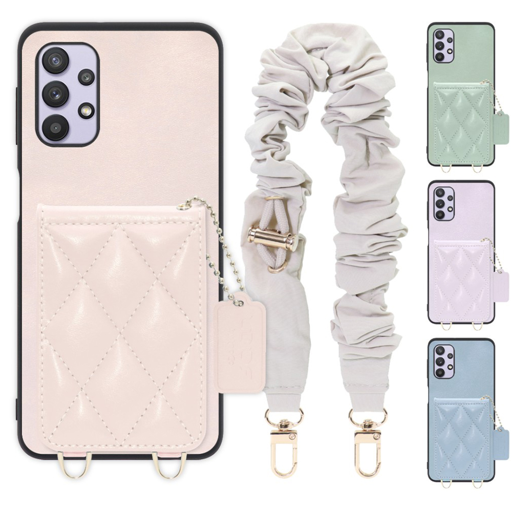 [ LOOF SWEET-SHELL SHUSHU ] Galaxy A32 5G SCG08 a325g スマホケース キルティング加工のカードケース付き シュシュストラップ付き マグネット内蔵 カード収納 本革 パステルカラー [ Galaxy A32 5G ]