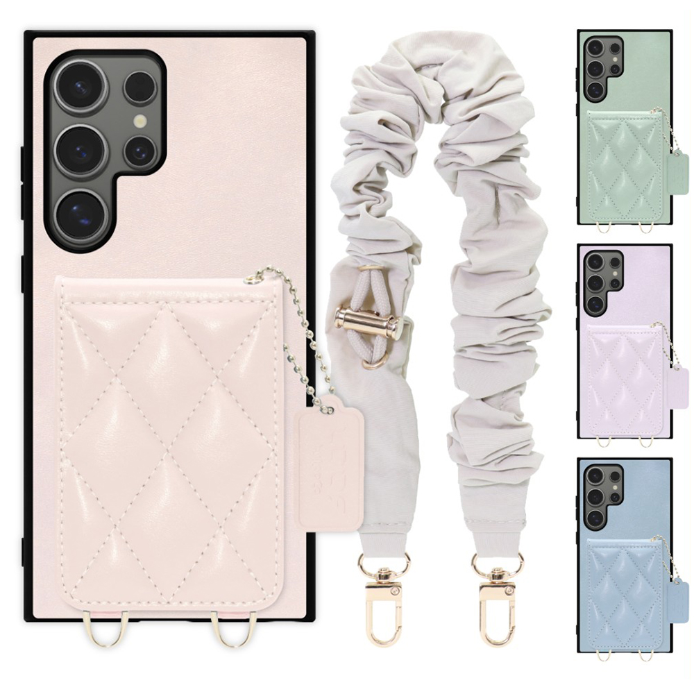 [ LOOF SWEET-SHELL SHUSHU ] Galaxy S24 Ultra s24ultra スマホケース キルティング加工のカードケース付き シュシュストラップ付き マグネット内蔵 カード収納 本革 パステルカラー [ Galaxy S24 Ultra ]