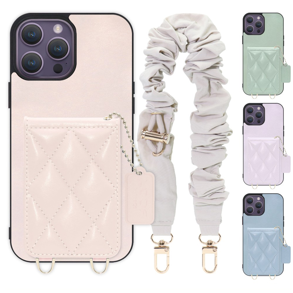 [ LOOF SWEET-SHELL SHUSHU ] iPhone 14 Pro Max iphone14promax 14promax プロマックス スマホケース キルティング加工のカードケース付き シュシュストラップ付き マグネット内蔵 カード収納 本革 パステルカラー [ iPhone 14 Pro Max ]