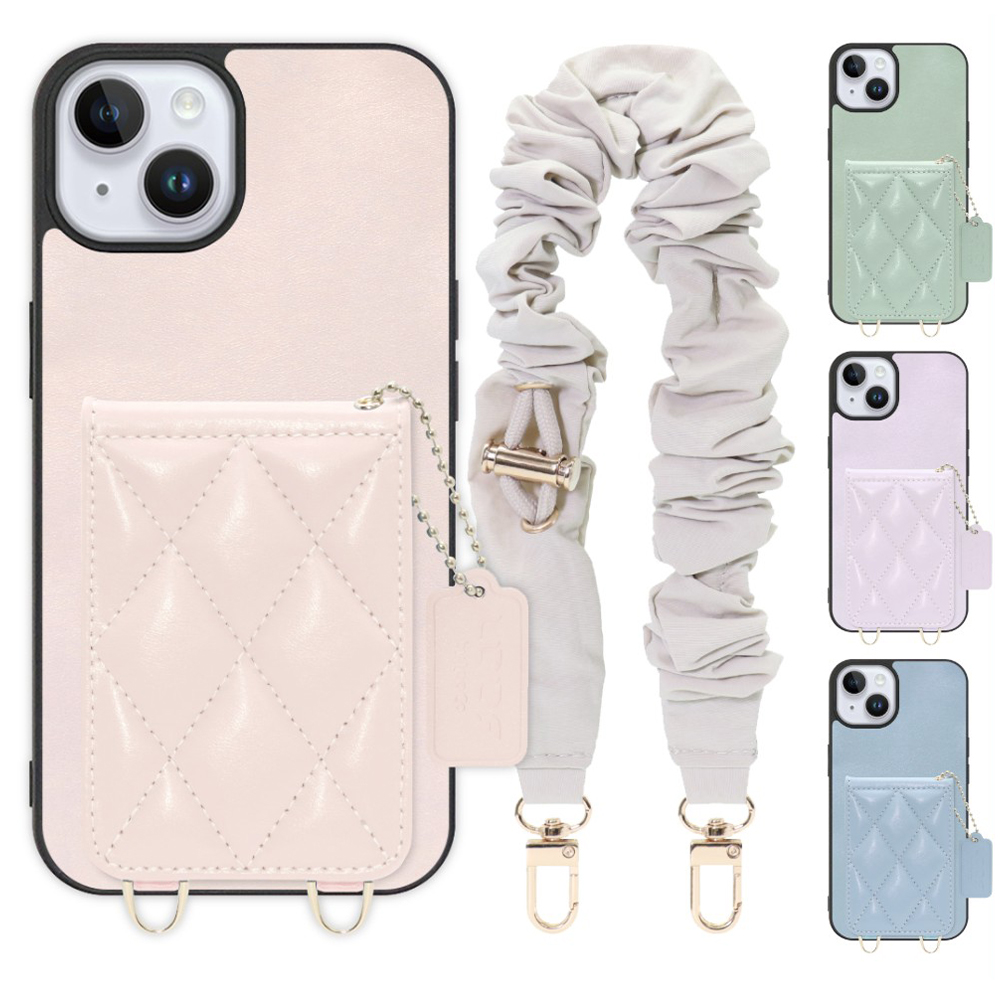 [ LOOF SWEET-SHELL SHUSHU ] iPhone 14 Plus iphone14plus 14plus 14+ プラス スマホケース キルティング加工のカードケース付き シュシュストラップ付き マグネット内蔵 カード収納 本革 パステルカラー [ iPhone 14 Plus ]