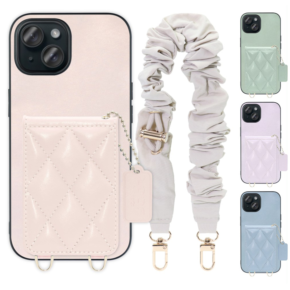 [ LOOF SWEET-SHELL SHUSHU ] iPhone 15 iPhone15 アイフォン15 iPhone 15 アイフォン 15 スマホケース キルティング加工のカードケース付き シュシュストラップ付き マグネット内蔵 カード収納 本革 パステルカラー [ iPhone 15 ]