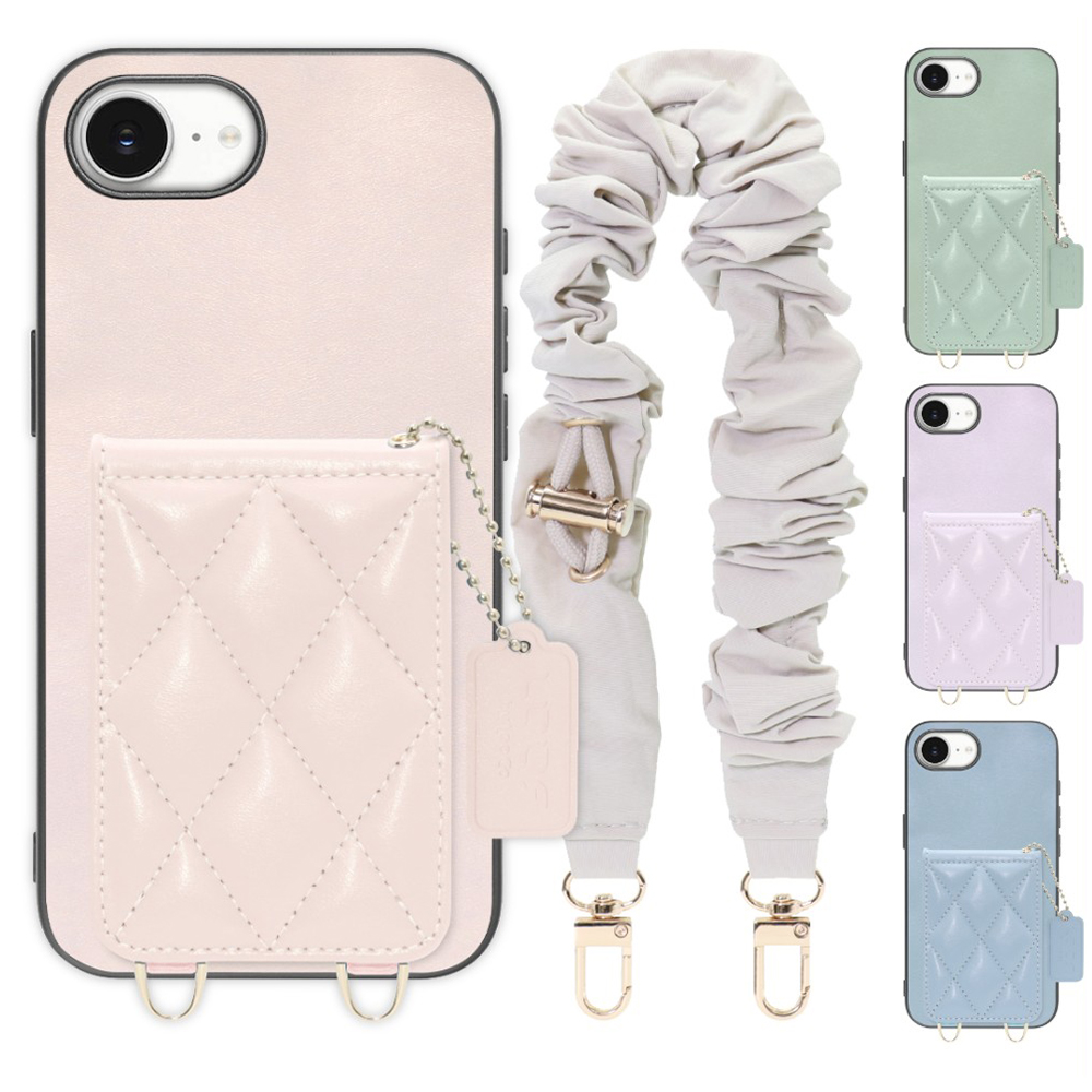 [ LOOF SWEET-SHELL SHUSHU ] iPhone 16e  スマホケース キルティング加工のカードケース付き シュシュストラップ付き マグネット内蔵 カード収納 本革 パステルカラー [ iPhone 16e ]