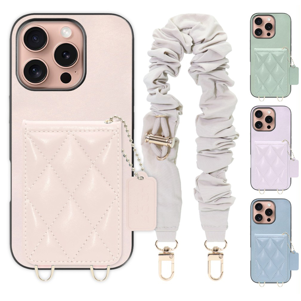 [ LOOF SWEET-SHELL SHUSHU ] iPhone 16 Pro iPhone16 Pro アイフォン16 プロ スマホケース キルティング加工のカードケース付き シュシュストラップ付き マグネット内蔵 カード収納 本革 パステルカラー [ iPhone 16 Pro ]