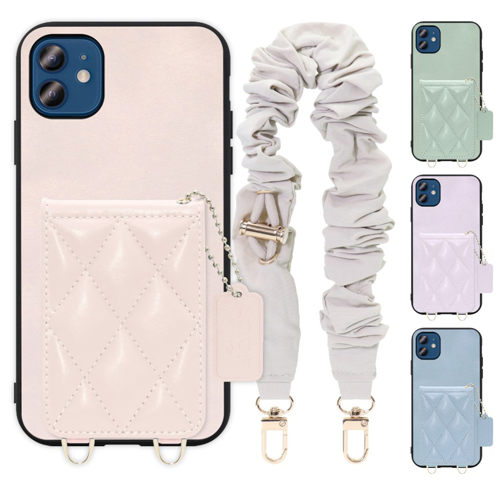 [ LOOF SWEET-SHELL SHUSHU ] iPhone 12 / 12 Pro iphone12 iphone12pro 12pro 12プロ スマホケース キルティング加工のカードケース付き シュシュストラップ付き マグネット内蔵 カード収納 本革 パステルカラー [ iPhone 12 / 12 Pro ]