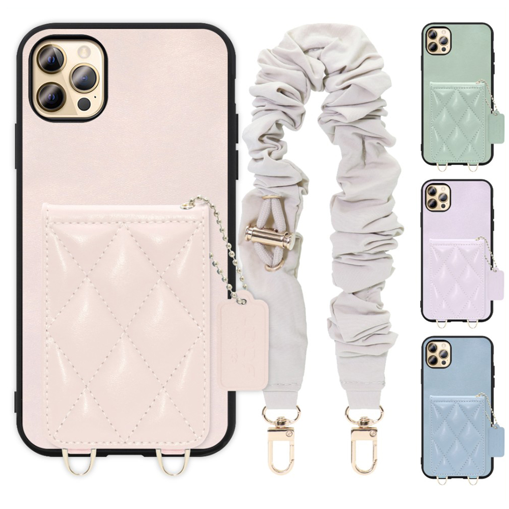 [ LOOF SWEET-SHELL SHUSHU ] iPhone 12 Pro Max iphone12promax 12promax 12プロマックス スマホケース キルティング加工のカードケース付き シュシュストラップ付き マグネット内蔵 カード収納 本革 パステルカラー [ iPhone 12 Pro Max ]