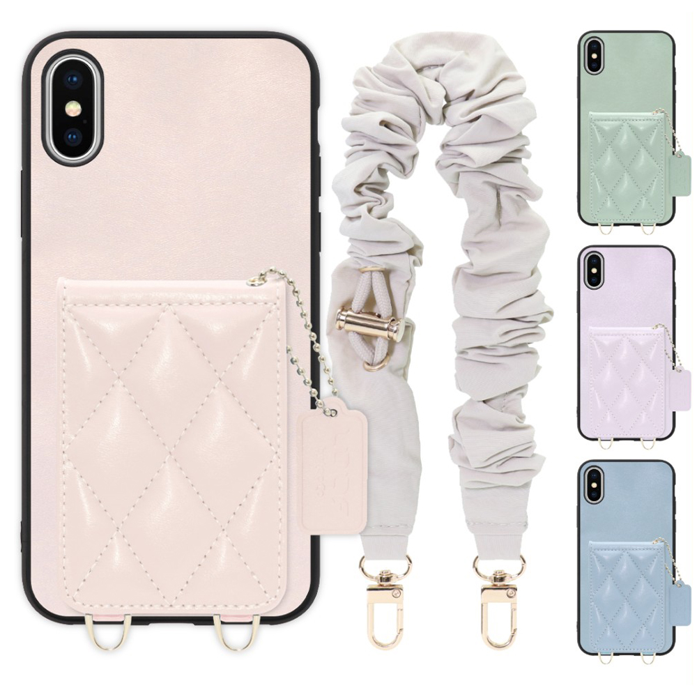 [ LOOF SWEET-SHELL SHUSHU ] iPhone X / XS iPhonex iPhonexs スマホケース キルティング加工のカードケース付き シュシュストラップ付き マグネット内蔵 カード収納 本革 パステルカラー [ iPhone X / XS ]