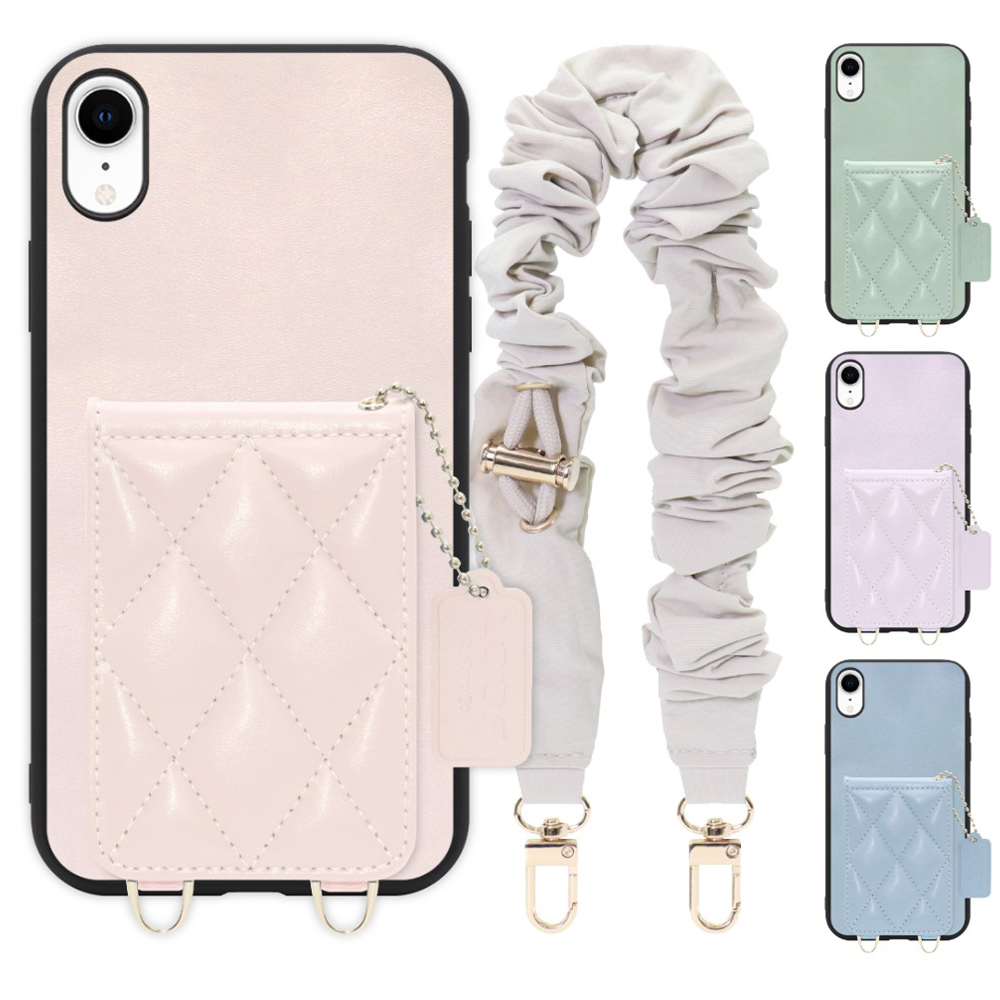 [ LOOF SWEET-SHELL SHUSHU ] iPhone XR iPhonexr スマホケース キルティング加工のカードケース付き シュシュストラップ付き マグネット内蔵 カード収納 本革 パステルカラー [ iPhone XR ]