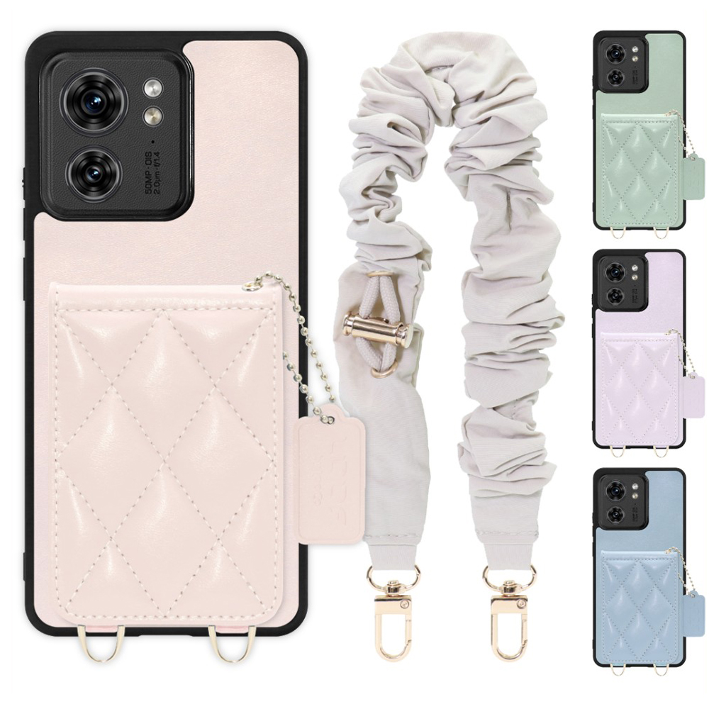 [ LOOF SWEET-SHELL SHUSHU ] motorola edge 40  スマホケース キルティング加工のカードケース付き シュシュストラップ付き マグネット内蔵 カード収納 本革 パステルカラー [ motorola edge 40 ]