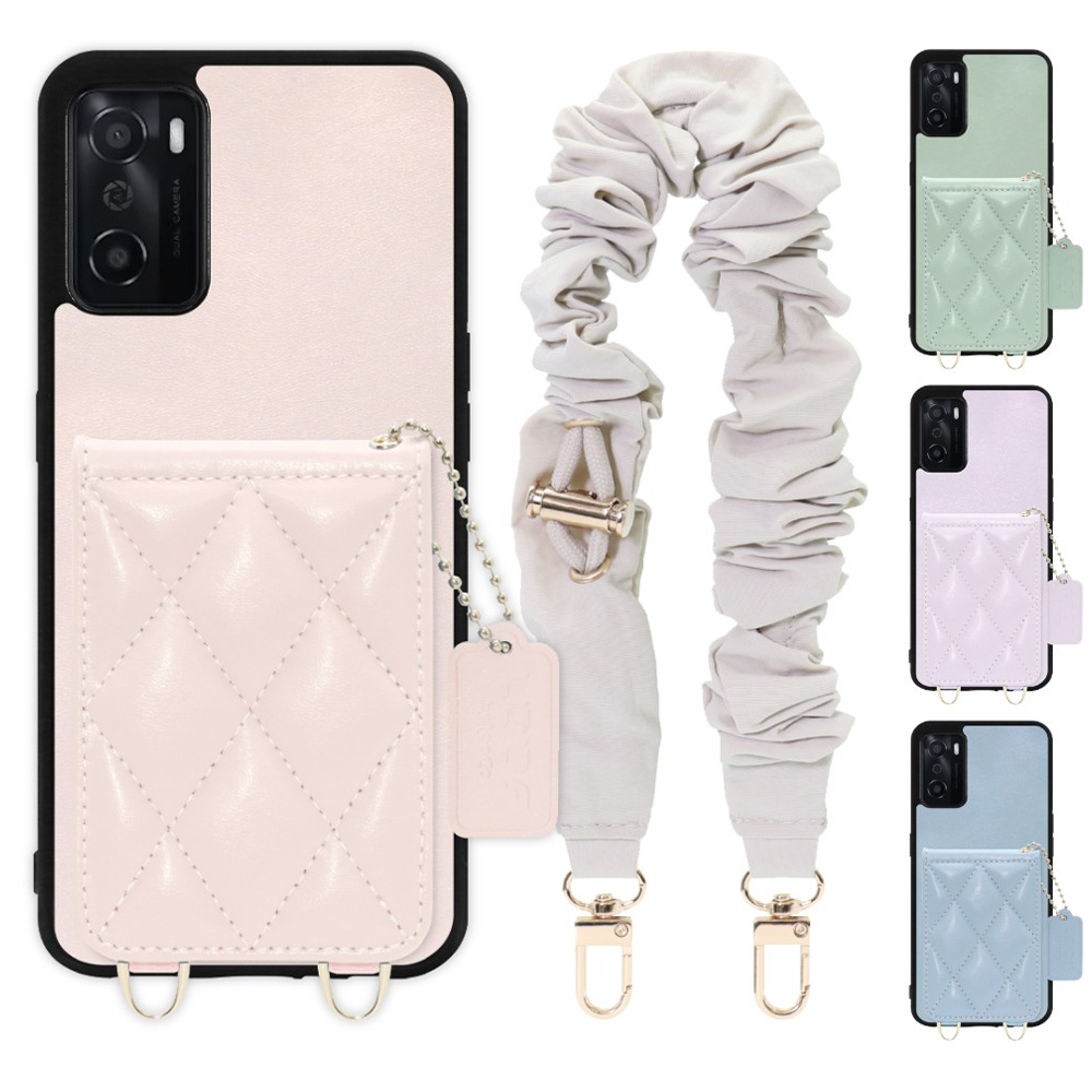 [ LOOF SWEET-SHELL SHUSHU ] OPPO A55s 5G CPH2309 / A102OP a55s5g スマホケース キルティング加工のカードケース付き シュシュストラップ付き マグネット内蔵 カード収納 本革 パステルカラー [ OPPO A55s 5G ]