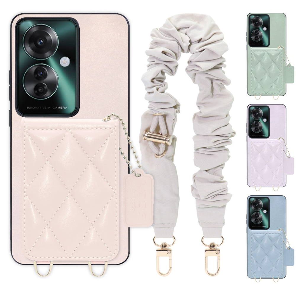 [ LOOF SWEET-SHELL SHUSHU ] OPPO Reno11 A  スマホケース キルティング加工のカードケース付き シュシュストラップ付き マグネット内蔵 カード収納 本革 パステルカラー [ OPPO Reno11 A ]