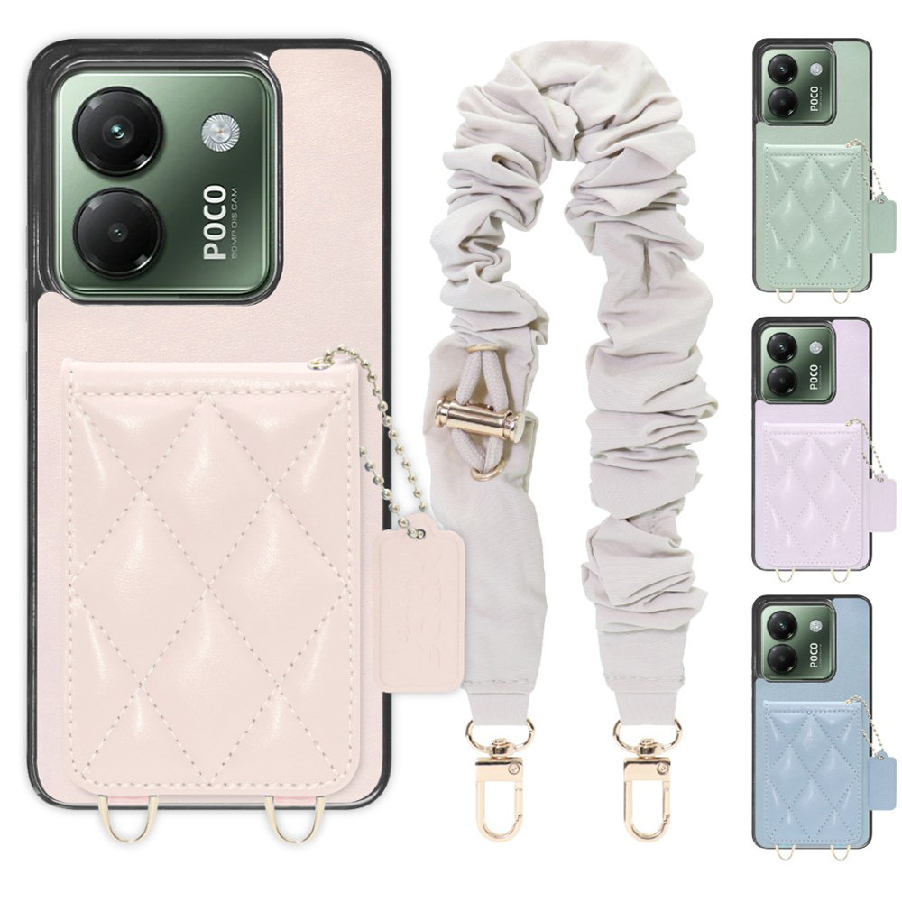 [ LOOF SWEET-SHELL SHUSHU ] POCO M7 Pro 5G Xiaomi シャオミ スマホケース キルティング加工のカードケース付き シュシュストラップ付き マグネット内蔵 カード収納 本革 パステルカラー [ POCO M7 Pro 5G ]