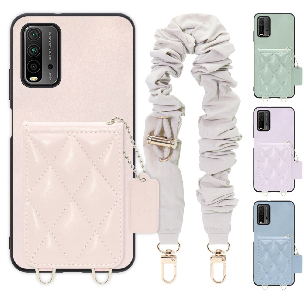 [ LOOF SWEET-SHELL SHUSHU ] Xiaomi Redmi 9T redmi9t スマホケース キルティング加工のカードケース付き シュシュストラップ付き マグネット内蔵 カード収納 本革 パステルカラー [ Redmi 9T ]