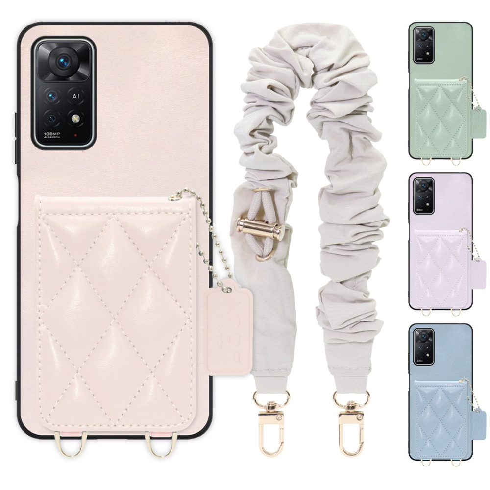 [ LOOF SWEET-SHELL SHUSHU ] Xiaomi Redmi Note 11 Pro 5G redminote11pro5g note11pro 11pro スマホケース キルティング加工のカードケース付き シュシュストラップ付き マグネット内蔵 カード収納 本革 パステルカラー [ Redmi Note 11 Pro 5G ]