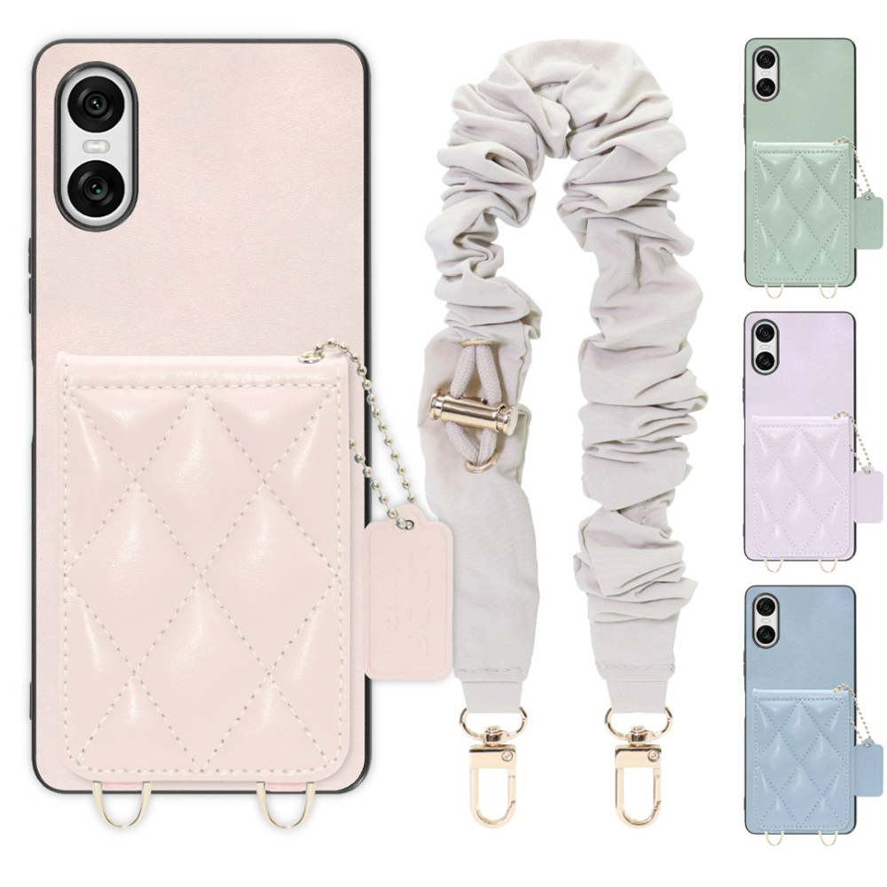 [ LOOF SWEET-SHELL SHUSHU ] Xperia 10 VI  スマホケース キルティング加工のカードケース付き シュシュストラップ付き マグネット内蔵 カード収納 本革 パステルカラー [ Xperia 10 VI ]